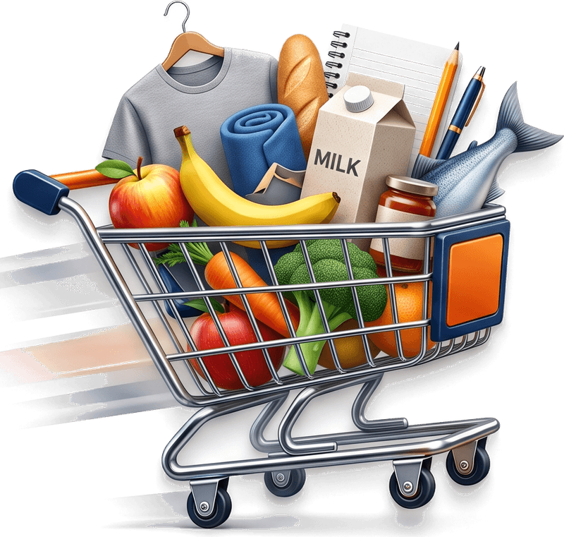 Shopping cart full of fruits, vegetables, groceries, fish and clothes from local stores